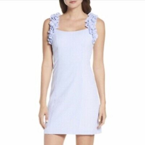 Eliza J Ruffle strap sheath dress striped seersucker size 4 - Picture 2 of 13